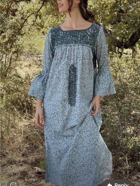 Mi Golondrina Light Blue Floral Maxi Dress with Dark Blue Yoke